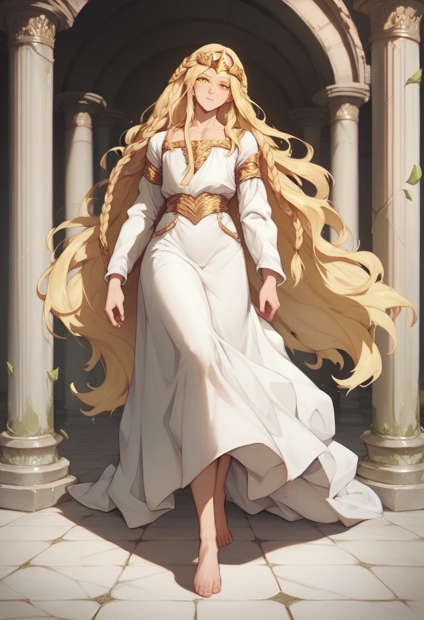 Femboy, ersotemiquella, blonde hair, big ass, braid, long hair, yellow eyes, white robe, circlet, full-length portrait, barefoot, standing, front view, short, ash on floor, stone pillars around