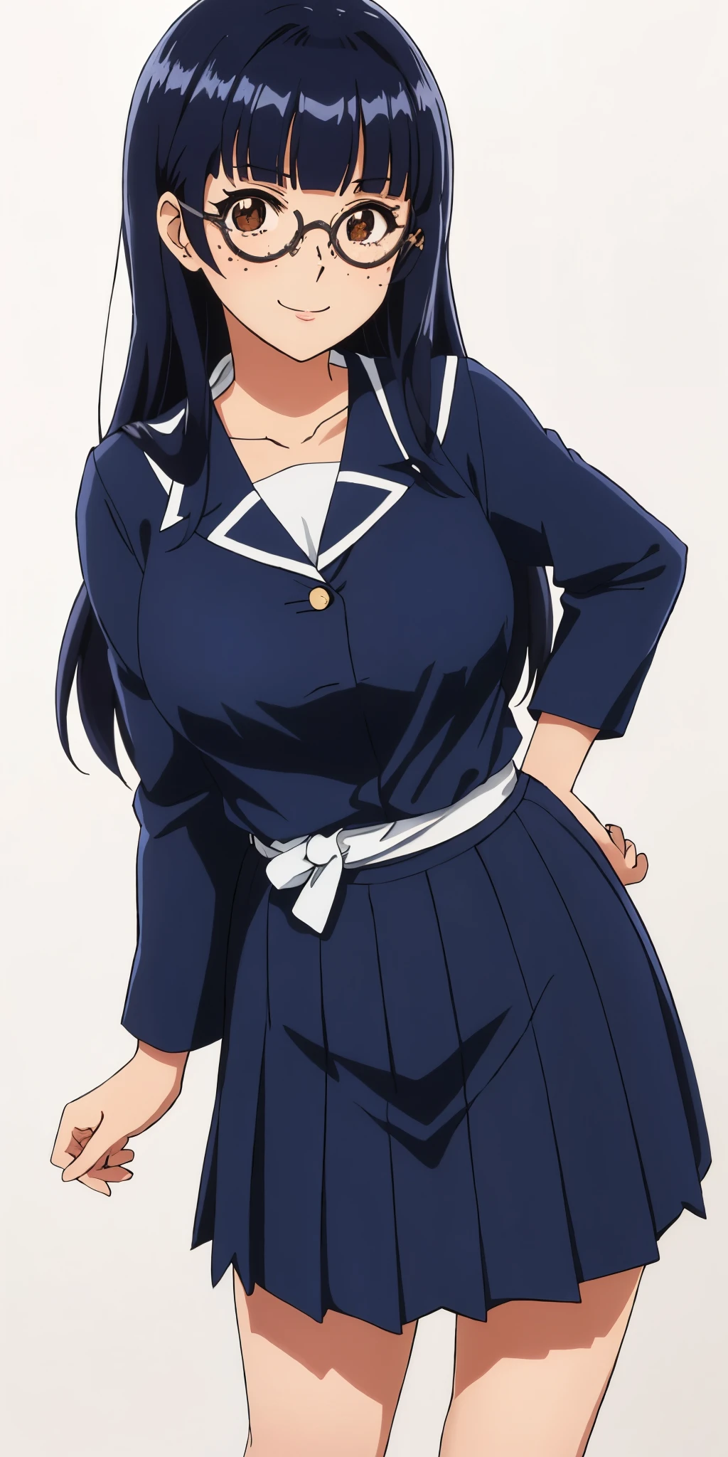 Young woman drawn in 80’s anime art style. 
Retro anime. Vintage Anime. Classical Anime. 
Black Blue HAIR
Pompadour Hair
(Round Glasses)
(Round and Circle eyes)
(Light Brown eyes)
(Medium Sized Eyebrows)
(Freckles on Cheek)
(Light Tan Woman)
(Medium Breast)
Seductive Smile

She is wearing a sailor fuku (セーラー服, sērā fuku, sailor outfit) is a common japanese style of uniform worn by women, traditionally by high school female students. 

The uniform generally consists of a blouse attached with a (Navy blue sailor-style collar) and a Dark Navy Blue Sailor Blouse. The length of the long skirt goes down past her ankle.

A ribbon is tied in the front and laced through a loop attached to the sailor blouse. The color is the ribbon is red.

(Dark Navy Blue Sailor Shirt)
(Dark Navy Pleated Skirt)

(Solo)
Location: High School 