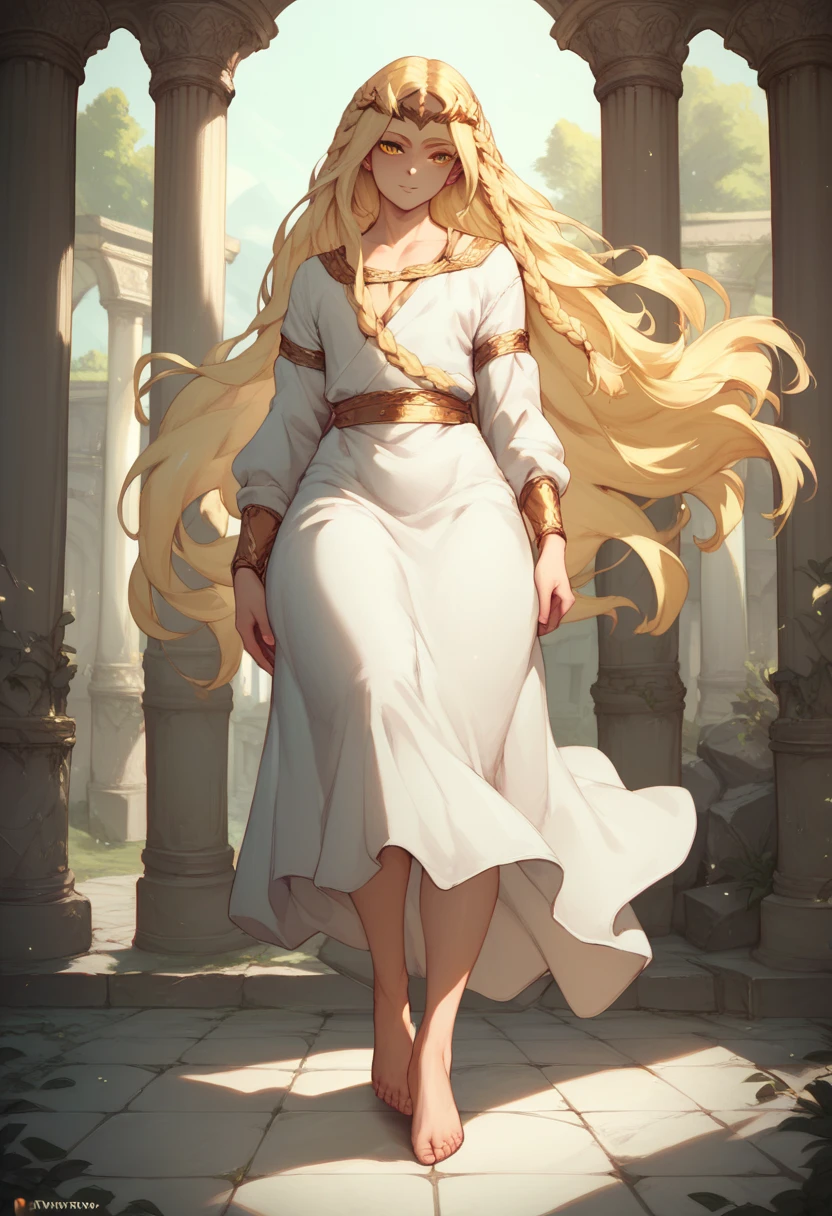 Femboy, ersotemiquella, mid, blonde hair, big ass, braid, long hair, yellow eyes, white robe, circlet, full-length portrait, barefoot, standing, front view, ash on floor, stone pillars around