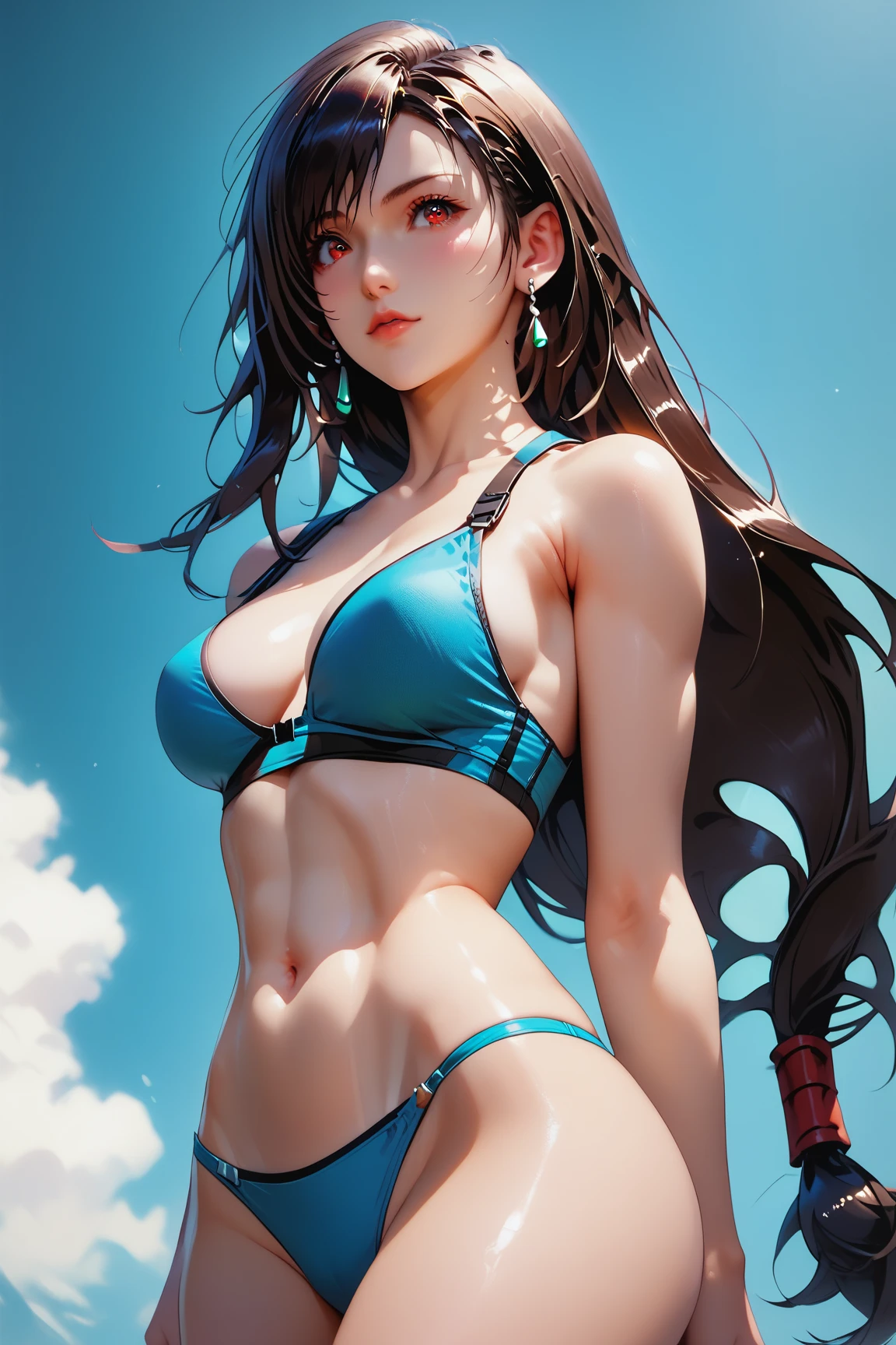 (((Nico Robin))), ((depic 30 years old girl)), (pirate girl), (((top-quality, masterpiece))), 4k, HD, one girl, (((dark hair pulled back))), nice hips, Masterpiece, Excellent, complex details, delicate girl, delicate face, sassy, confident, (((cute and sofisticate purple lace lingerie))), (((pink ribbons lingerie))), ((big breasts)), thin, very tight waist, (((deep light blue eyes))), ((almond shaped eyes)), sexy pose, clavicle, bare arms, flat belly, standing, sunset, beach, caribean pirate atmosphere