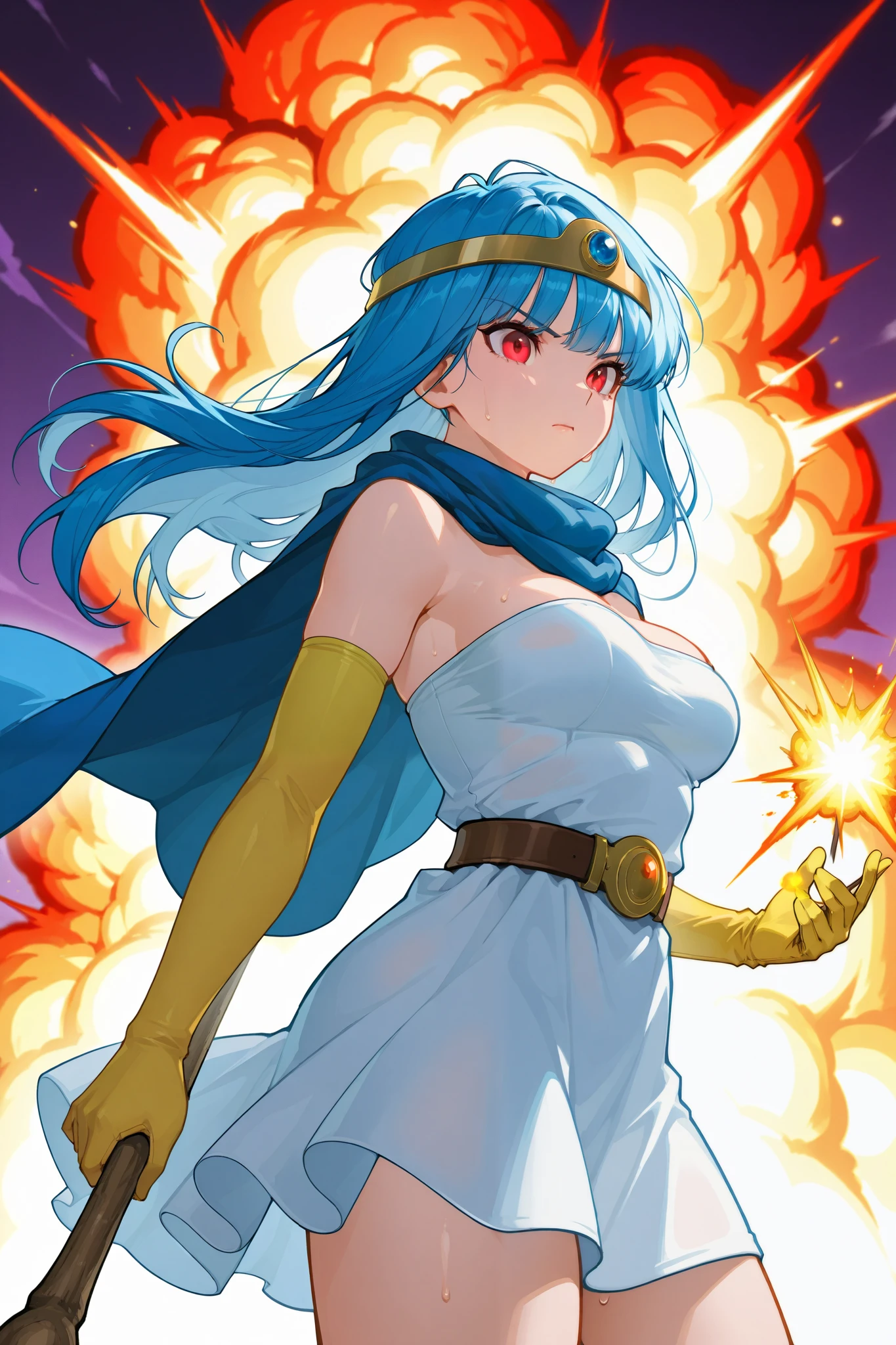 dq3sage, Dragon Quest 3,Woman with wooden wand, magic activated from wooden wand、Medium breast、blue hair, red eyes, long hair、circlet, blue cape, white dress, strapless, belt, elbow gloves, yellow gloves, .cowboy shot、Maximum Explosion Magic, brandish a wooden staff、Detailed hand、Hand、Perfect hand, adult woman、beautiful thighs、from side, dynamic composition 、fight、Combat Stance、Twist your body、from below,、stable_Yogis_Animetoon_Negatives、serious、sweat、、 tense background、、