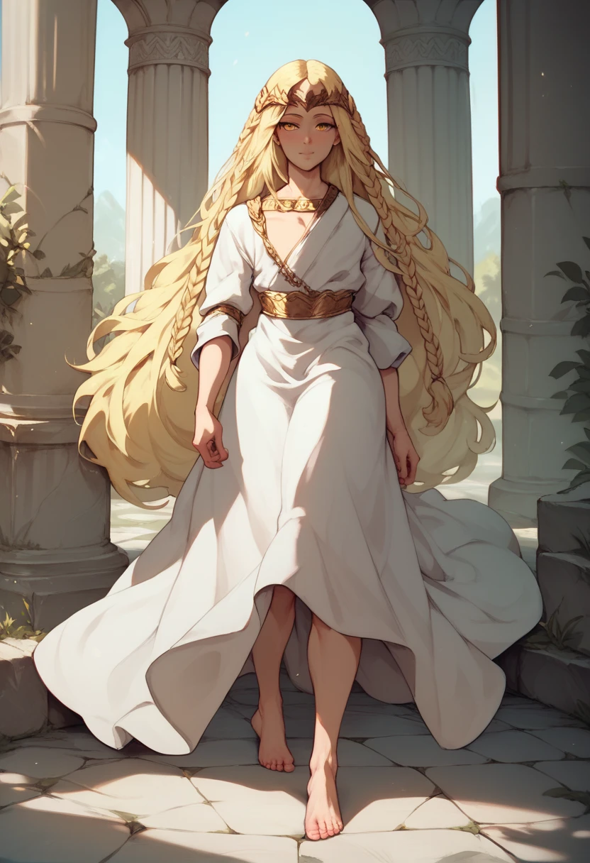 Femboy, ersotemiquella, not high, blonde hair, big ass, braid, long hair, yellow eyes, white robe, circlet, full-length portrait, barefoot, standing, front view, ash on floor, stone pillars around