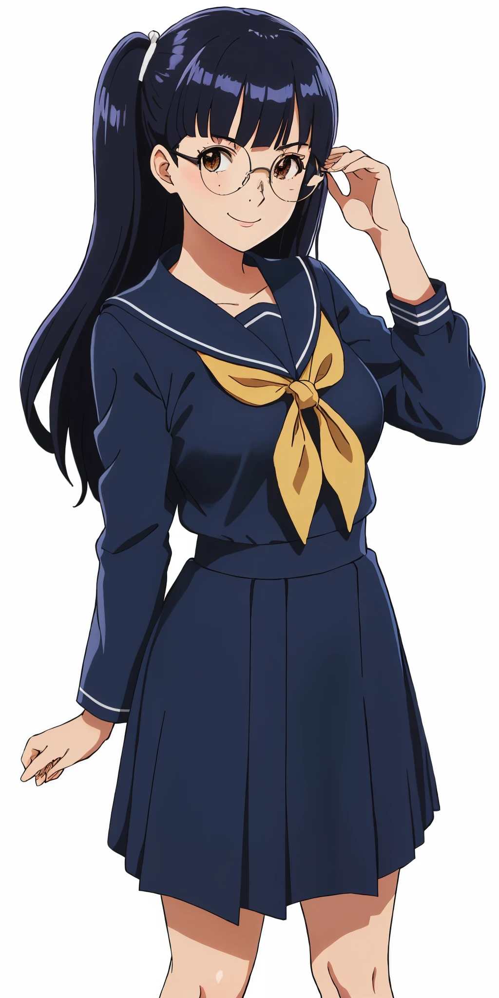 Young woman drawn in 80’s anime art style. 
Retro anime. Vintage Anime. Classical Anime. 
Black Blue HAIR
Pompadour Hair
(Round Glasses)
(Round and Circle eyes)
(Light Brown eyes)
(Medium Sized Eyebrows)
(Freckles on Cheek)
(Light Tan Woman)
(Medium Breast)
Seductive Smile

She is wearing a sailor fuku (セーラー服, sērā fuku, sailor outfit) is a common japanese style of uniform worn by women, traditionally by high school female students. 

The uniform generally consists of a blouse attached with a (sailor-style collar) and a (Dark Navy Blue Sailor Blouse)
The length of the long skirt goes down past her ankle.

A ribbon is tied in the front and laced through a loop attached to the sailor blouse. The color is the ribbon is red.

(Dark Navy Blue Sailor Shirt)
(Dark Navy Pleated Skirt)

(Solo)
Location: High School 