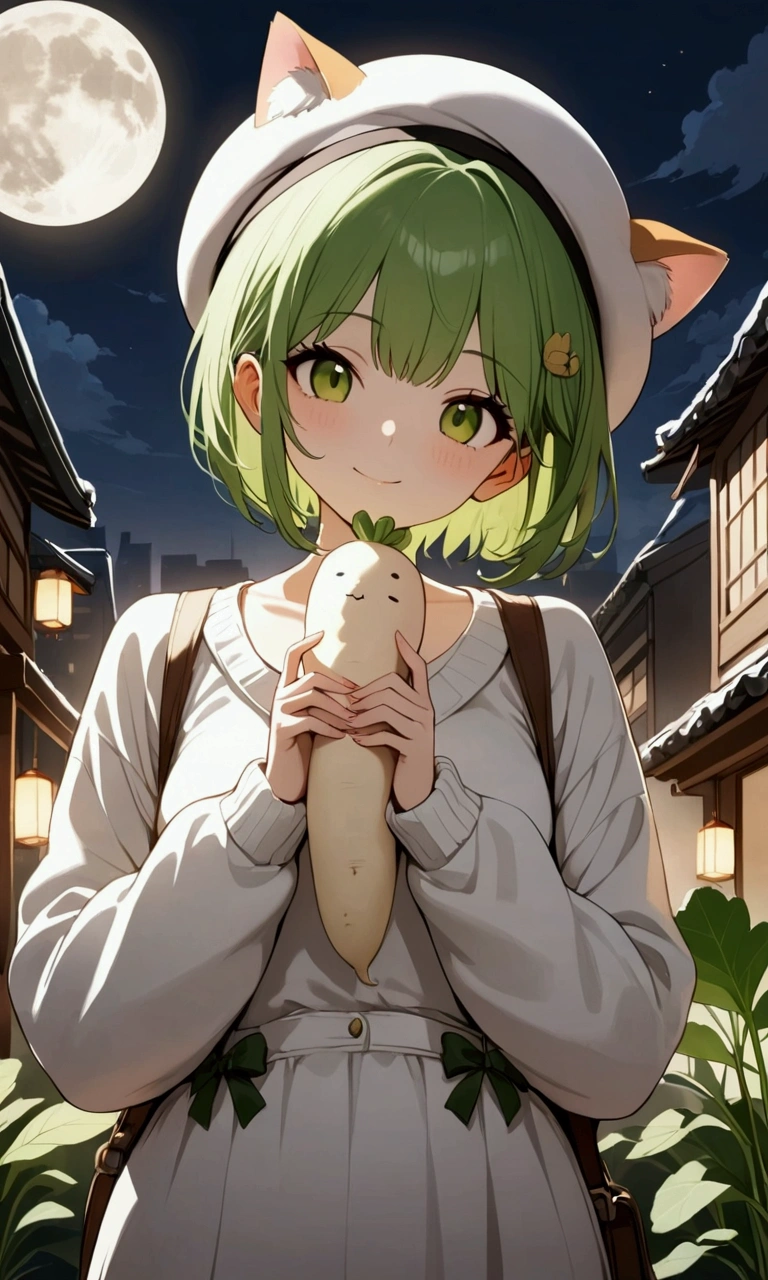 masterpiece, anatomically correct,a cute girl( bright green hair, short hair,girl knitting cat ear knitted hat ,girly winter outfit ）, she is beside a daikon character(a Japanese white radish character that has leaves),full moon,City Sky