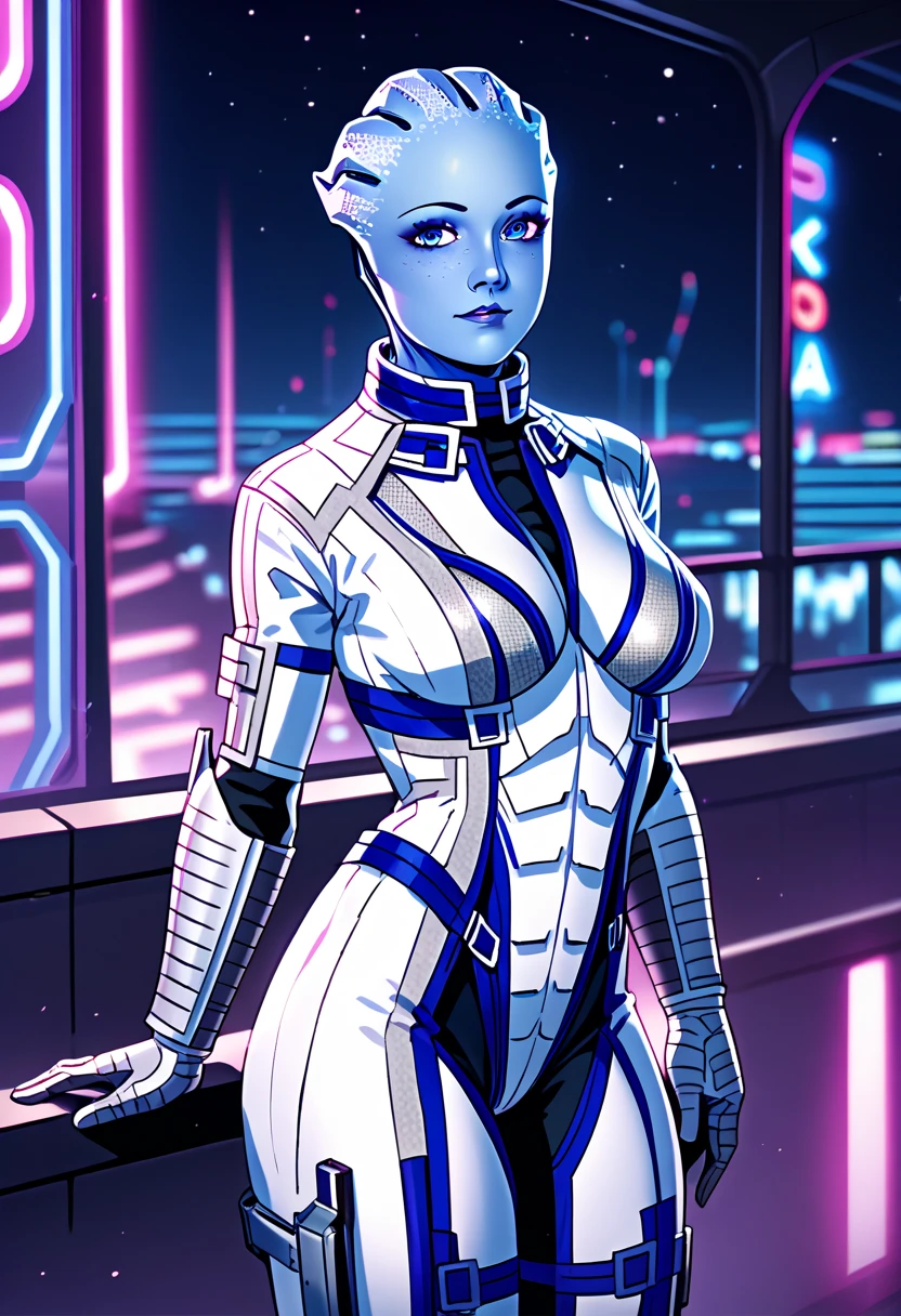 score_9, score_8_up, score_7_up, BREAK, 
1girl, liara, blue skin, colored skin, large breasts,
bodysuit, armor,
looking at viewer, futuristic city background, night, neon light 