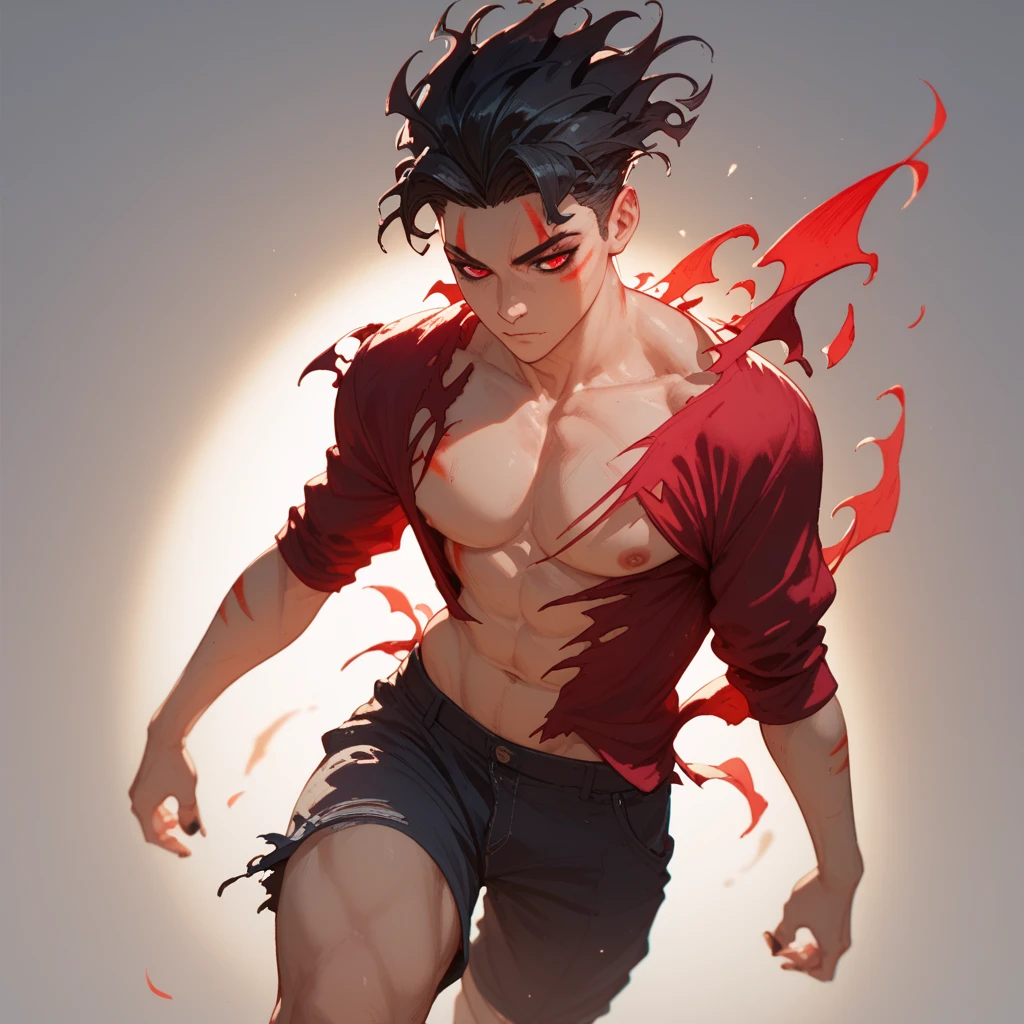  A man, cachecol de dentes demonic, curvy black hair , bright red marks all over the body, curved,  front angle, dynamic,  lighting , demonic,   red eyes , purple details,  floating torn shirt  