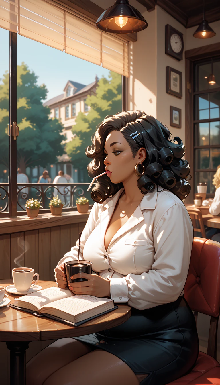 Imagine a plus size chubby woman, in a cafe drinking a coffee she has black skin and big curly hair, she is reading her book sitting and snuggled, next to her a window while it rains outside.