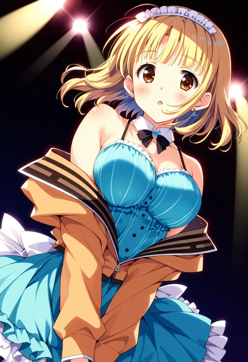 1Girl, yuki mio, idol dress, idol on stage, spotlight, (artist:mitsumi misato), Blonde, blunt bangs, medium bob Hair, side hair,straight hair, very kind, Polite , competent, hair covered ears, breast,Voluminous sideburns ,hide ear,brown eye,tareme eye, Droopy eyes,blush