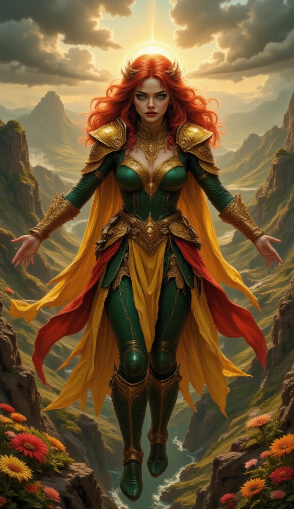 masterpiece, 8k, HDR, 3D, best quality, photograph, analog style, real life, extremely beautiful, (highly detailed, intricately detailed), (highly detailed skin), (alluring eyes), A picture of (1female), small waist, (long curly autumn red hair), green eyes, green heroine clothes, yellow, red cape, flying, arms outstretched, scenery, real world location, in the sky, below colorful flowers, clouds, river, rays of light, sunrise light