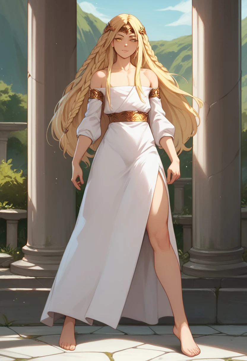 Femboy, ersotemiquella, not high, blonde hair, F size ass, braid, long hair, yellow eyes, white robe, circlet, full-length portrait, barefoot, standing, front view, ash on floor, stone pillars around, close view,