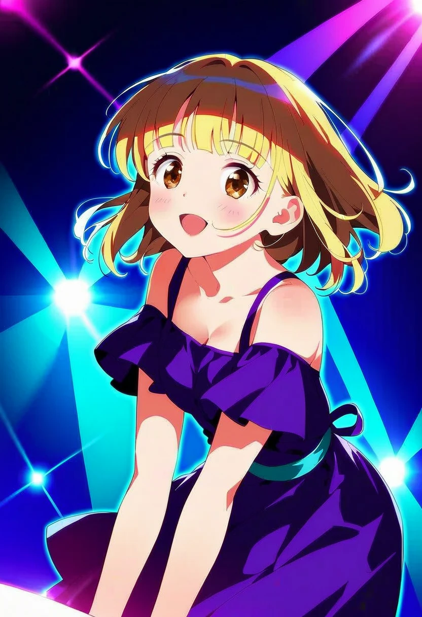 1Girl, yuki mio, idol dress, idol on stage, spotlight, (artist:mitsumi misato), Blonde, blunt bangs, medium bob Hair, side hair,straight hair, very kind, Polite , competent, hair covered ears, breast,Voluminous sideburns ,hide ear,brown eye,tareme eye, Droopy eyes,blush