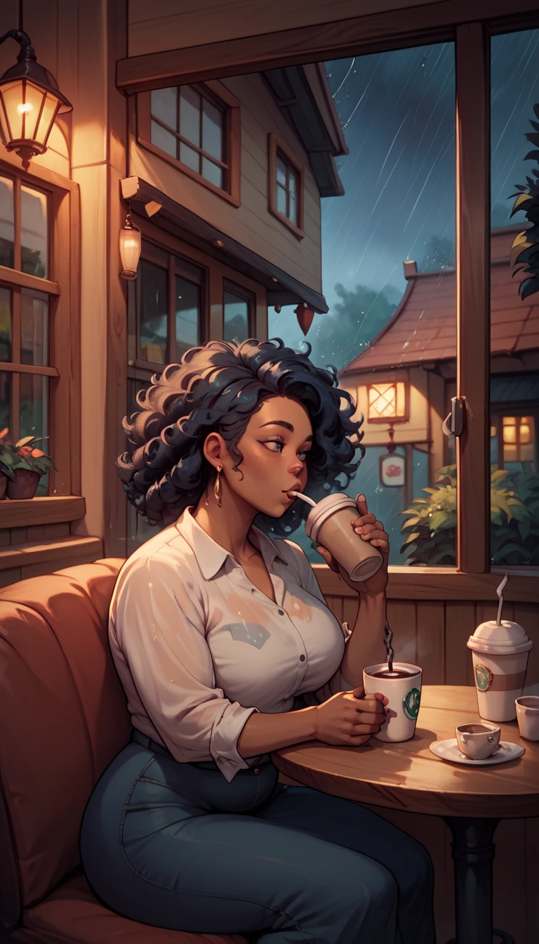 Imagine a larger sized chubby woman, in a cafe drinking a coffee she has black skin and big curly hair, she is sitting and cozy, next to her is a window while it is raining outside, it is a very rainy night