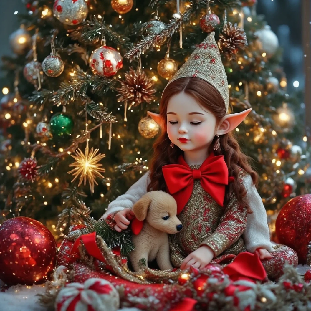 A cute female elf enchanted with the spirit of Christmas. Precious Moments. Her puppy with a big red bow sleeps next to her while she uses magic to build toys. A beautiful, ornate Christmas tree lit with lights and sparkling garland, in the background. The name "Aradaaae" spelled in beautiful Christmas letters. High Resolution, Masterpiece, Depth Of Field, Sparkle, Hyperdetailed