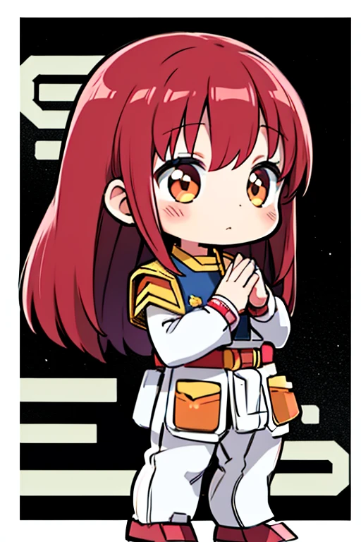 masterpiece,  top quality,     crimson hair very detailed ,     anime style  ,The new year has begun   _Gundam，Chibi，    girl，baby face，  very short，  toddler figure ，Wear a combat uniform with your hands crossed，