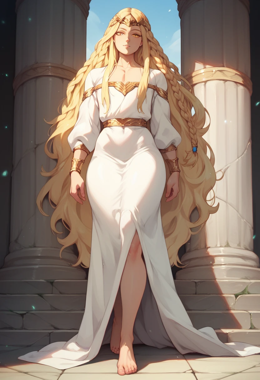 Femboy, ersotemiquella, not high, blonde hair, large ass, braid, long hair, yellow eyes, tight white robe, circlet, barefoot, standing, front view, ash on floor, stone pillars around, close view,