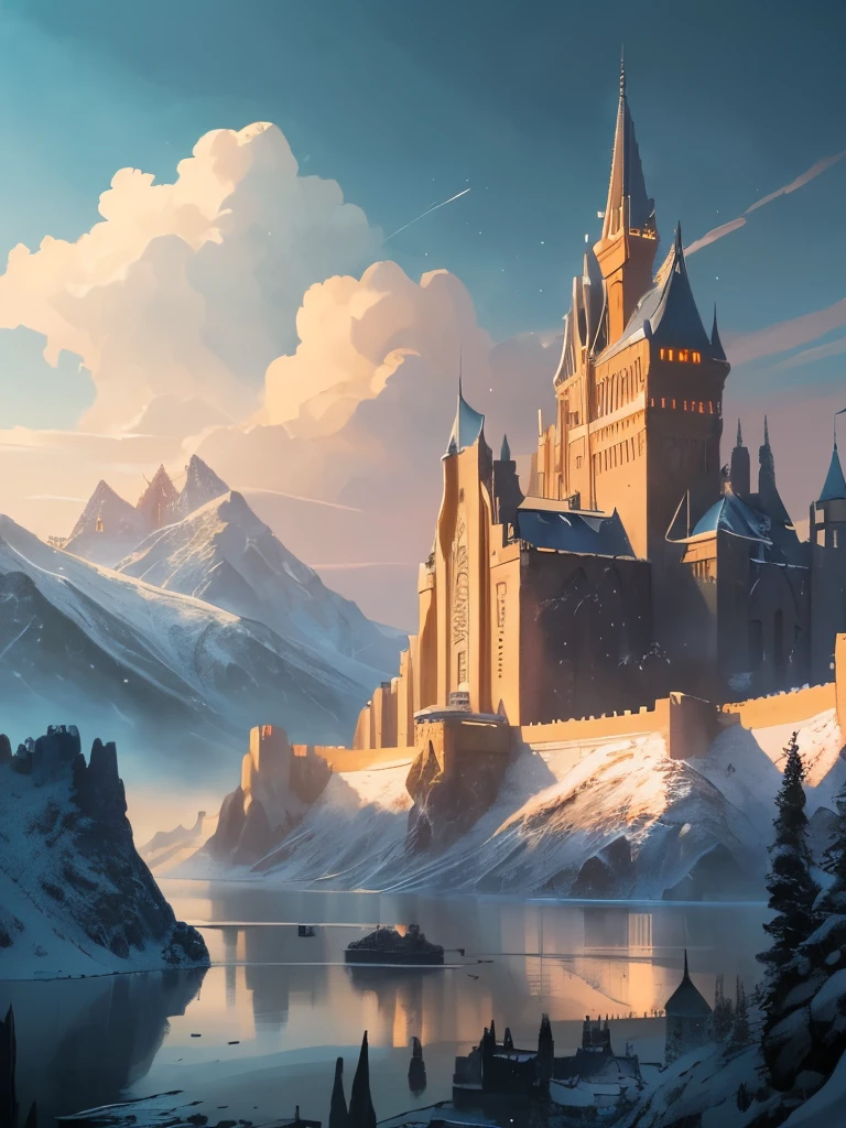 a castle in the middle of a snowy mountain with a sky background, a detailed matte painting by Raphael Lacoste, Artstation contest winner, fantasy art, epic rivendell fantasy, epic castle with tall spires, high fantasy castle, highly detailed fantasy art, rivendell, fantasy highly detailed, mountain fortress city, elven palace of ghemathar, detailed fantasy art