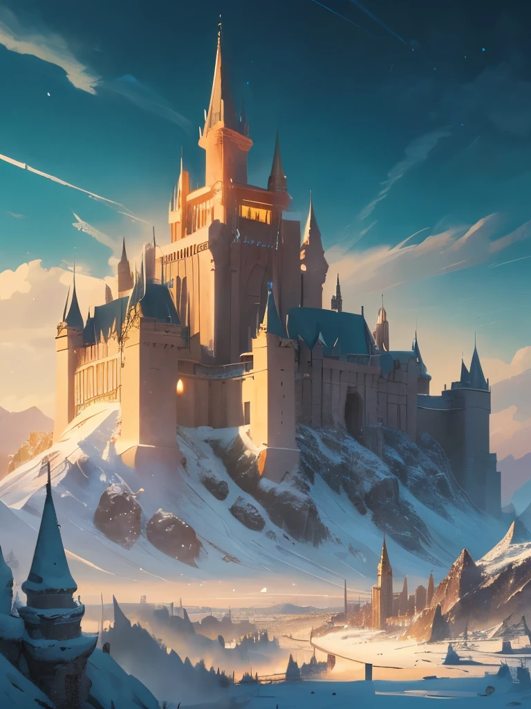 a castle in the middle of a snowy mountain with a sky background, a detailed matte painting by Raphael Lacoste, Artstation contest winner, fantasy art, epic rivendell fantasy, epic castle with tall spires, high fantasy castle, highly detailed fantasy art, rivendell, fantasy highly detailed, mountain fortress city, elven palace of ghemathar, detailed fantasy art