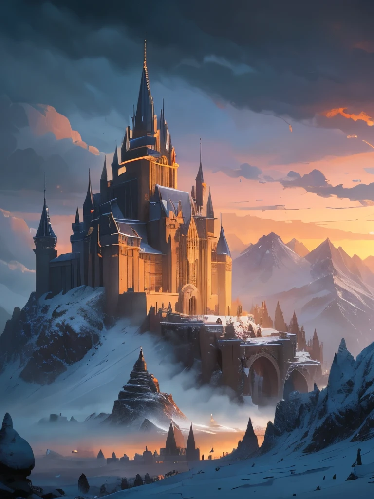 a castle in the middle of a snowy mountain with a sky background, a detailed matte painting by Raphael Lacoste, Artstation contest winner, fantasy art, epic rivendell fantasy, epic castle with tall spires, high fantasy castle, highly detailed fantasy art, rivendell, fantasy highly detailed, mountain fortress city, elven palace of ghemathar, detailed fantasy art