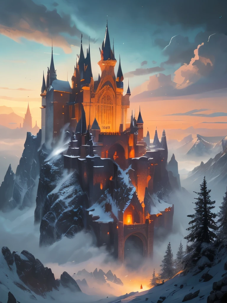 a castle in the middle of a snowy mountain with a sky background, a detailed matte painting by Raphael Lacoste, Artstation contest winner, fantasy art, epic rivendell fantasy, epic castle with tall spires, high fantasy castle, highly detailed fantasy art, rivendell, fantasy highly detailed, mountain fortress city, elven palace of ghemathar, detailed fantasy art