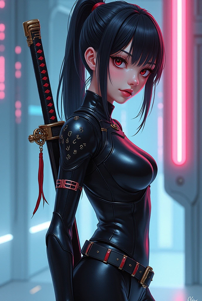 ((highest quality)), ((masterpiece)), (be familiar with:1.4), 。.。.。.3D, beautiful cyberpunk woman image,nffsw(high dynamic range),ray tracing,NVIDIA RTX,super resolution,unreal 5,scattered below the surface,PBR texturing,Post-processing,anisotropic filtering,written boundary depth,maximum clarity and sharpness,multilayer texture,Albedo and specular maps,surface shading,Accurate simulation of light-matter interactions,perfect proportions,octane rendering,two-tone lighting,wide aperture,Low ISO、White balance、Rule of thirds、8,000 students、((Holding a sword in your hand))(((look back)))