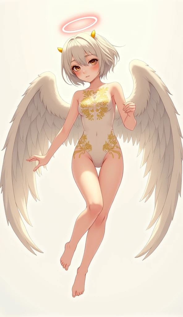 girl,Completely naked, ((flat chest)),slender, In to stage,long hair,(loli),danceing,white hair,angel wings