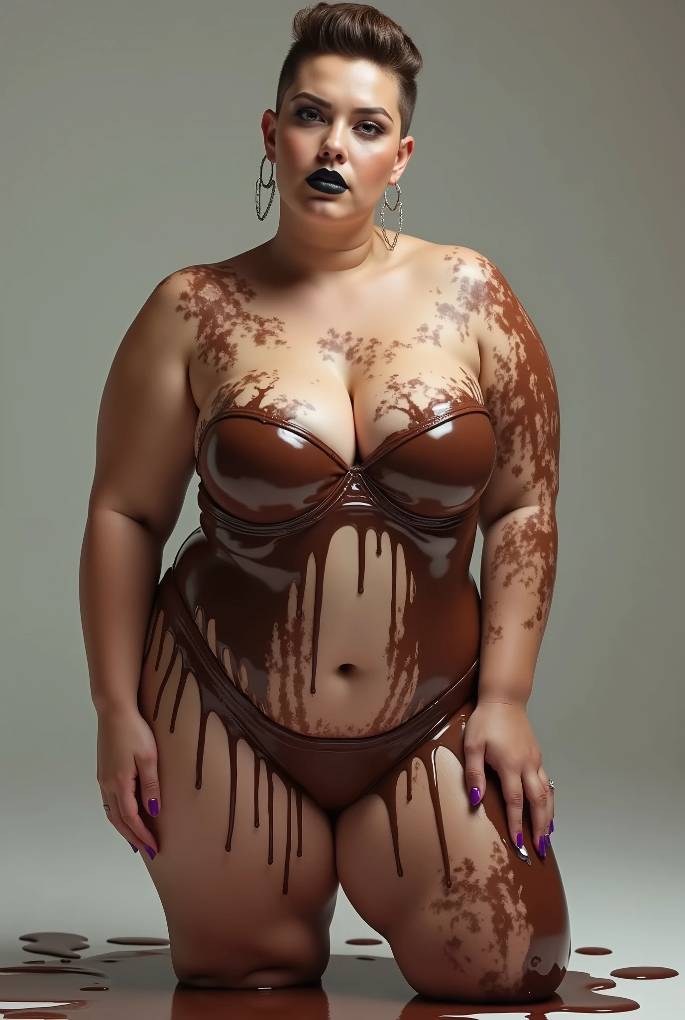 Overweight, chubby, plus size, Kelly Clarkson, long brown hair, wearing ((tight jeans)) ((white v neck sweater)) ((black ankle boots)) subject is standing under a shower of chocolate milk ((chocolate milk coverage:1.3)) ((messy clothes:1.3)) looking sexy, drenched in chocolate milk (full body shot) (masterpiece) ((cinematic look))
