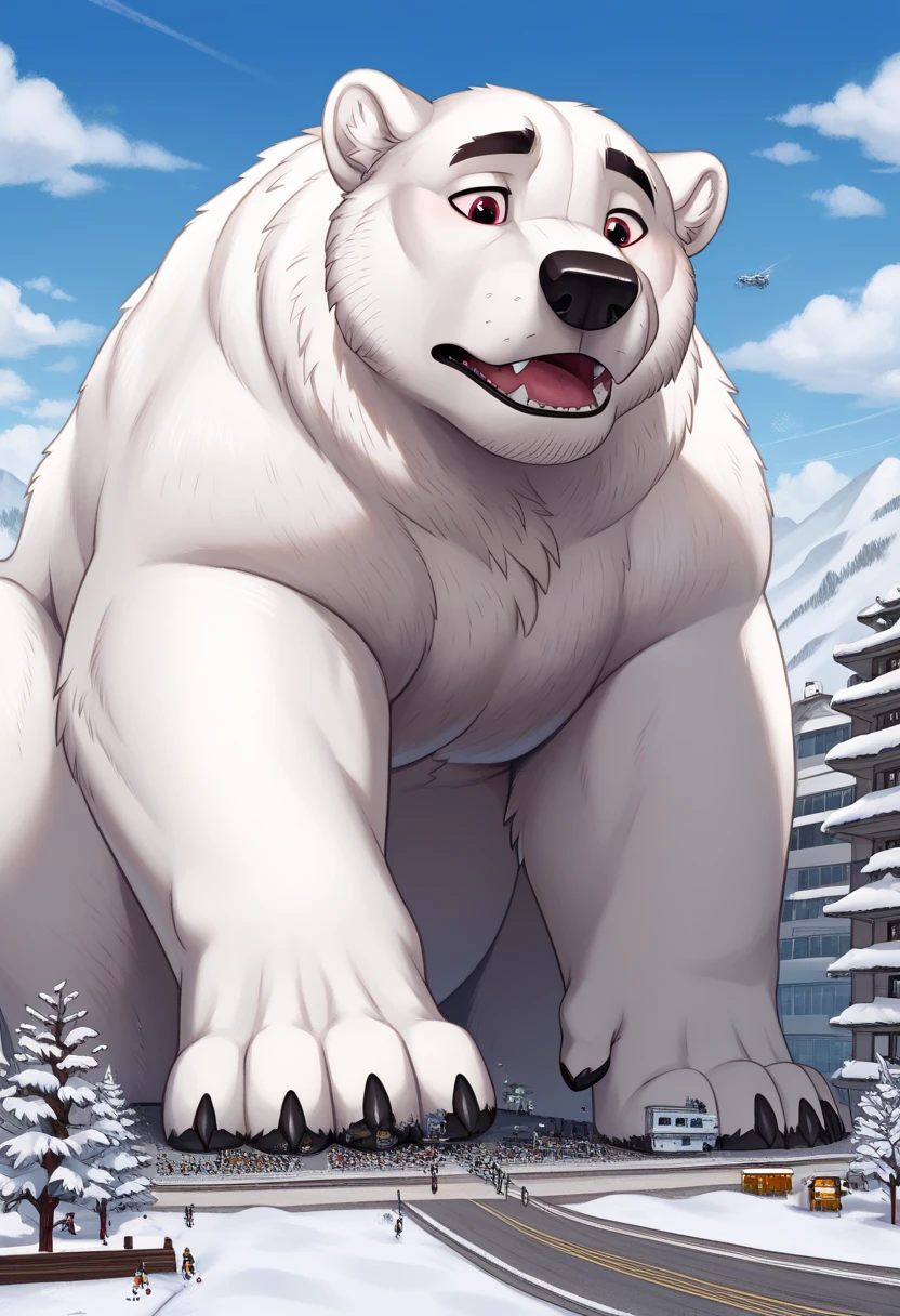 Scribble 1man, detailed, solo, white polar Bear, dragon, feral, playful and friendly, sadness, mischievous and playful look, feral white polar Bear face,humanity(polar Bear),chubby and muscular, big strong muscle( black eyebrows :1.1),(perfect eyes), white fur,（artist:takemoto arashi)，paw，（ Black beard :1.3），black hair, (Massiv:3.0, ( heavyweight ,strong,Macro, Emphasize the large size of a building)), background ((Tundra, polar research station, snow, spruce trees, the crack in the road)), a human man Transformation in to a macro size Giant hyper muscular feral white polar Bear, gives a dangerous look, lying on floor, rating_safe, solo, close up, growth, very cramped, low ceiling , cool powerful and strong, The as big as a building feral Polar Bear in the road of the polar village,