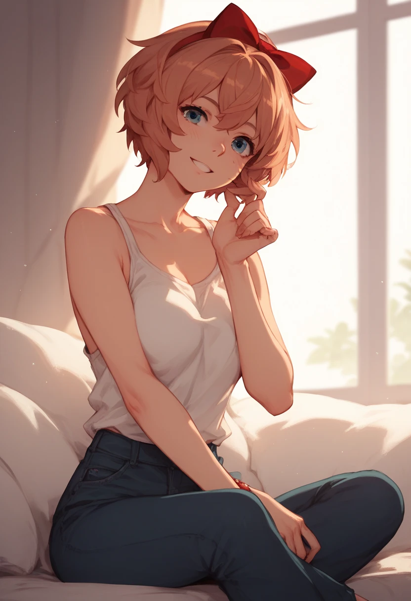 Sayori,  short hair, chestnut, abergonzada, nervousness, In love, sitting