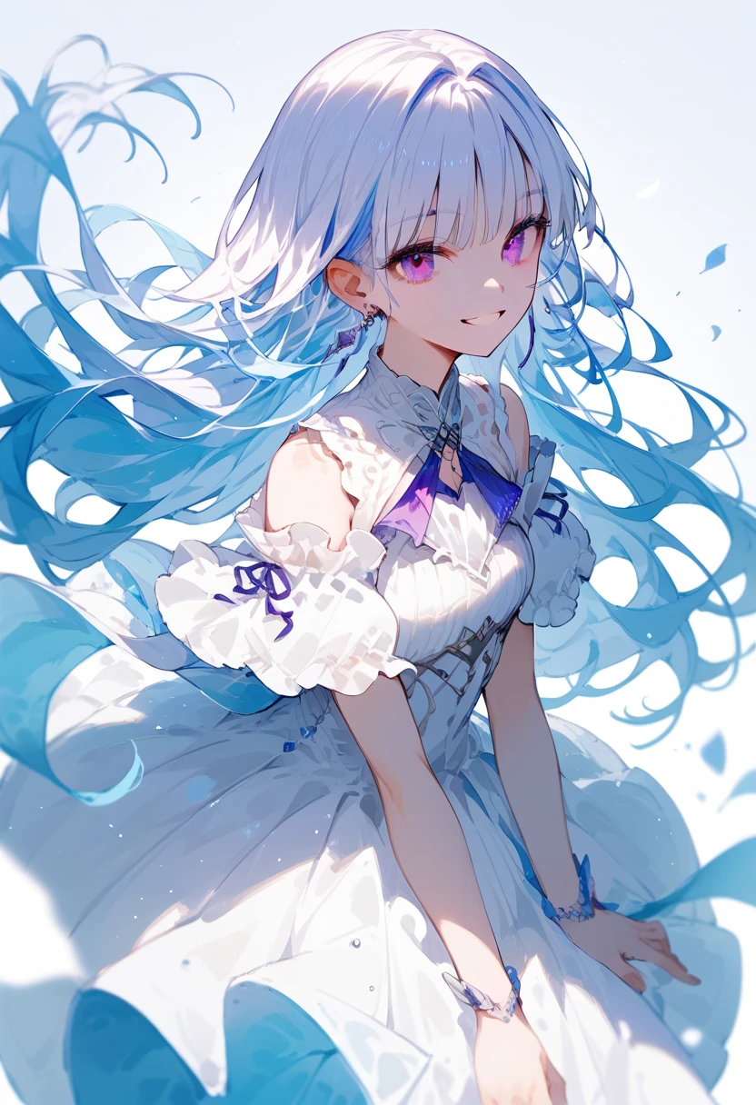 White hair, blue inner hair, purple eyes, looking at viewer, smiling, white dress