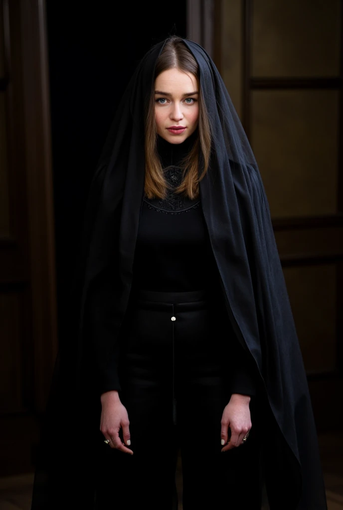 Emilia Clarke,black funeral veil,black funeral dress,potrait,in a dark room