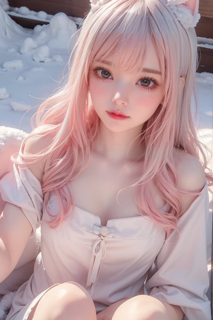 In the snow、Pink underwear、White Hair、Long Hair、Wind、whole body、15 years old、woman、Hands are out in front、Chest empty、Evil Smiley Face, Dark Skin, Red eyes, Iris, Pupil orange、