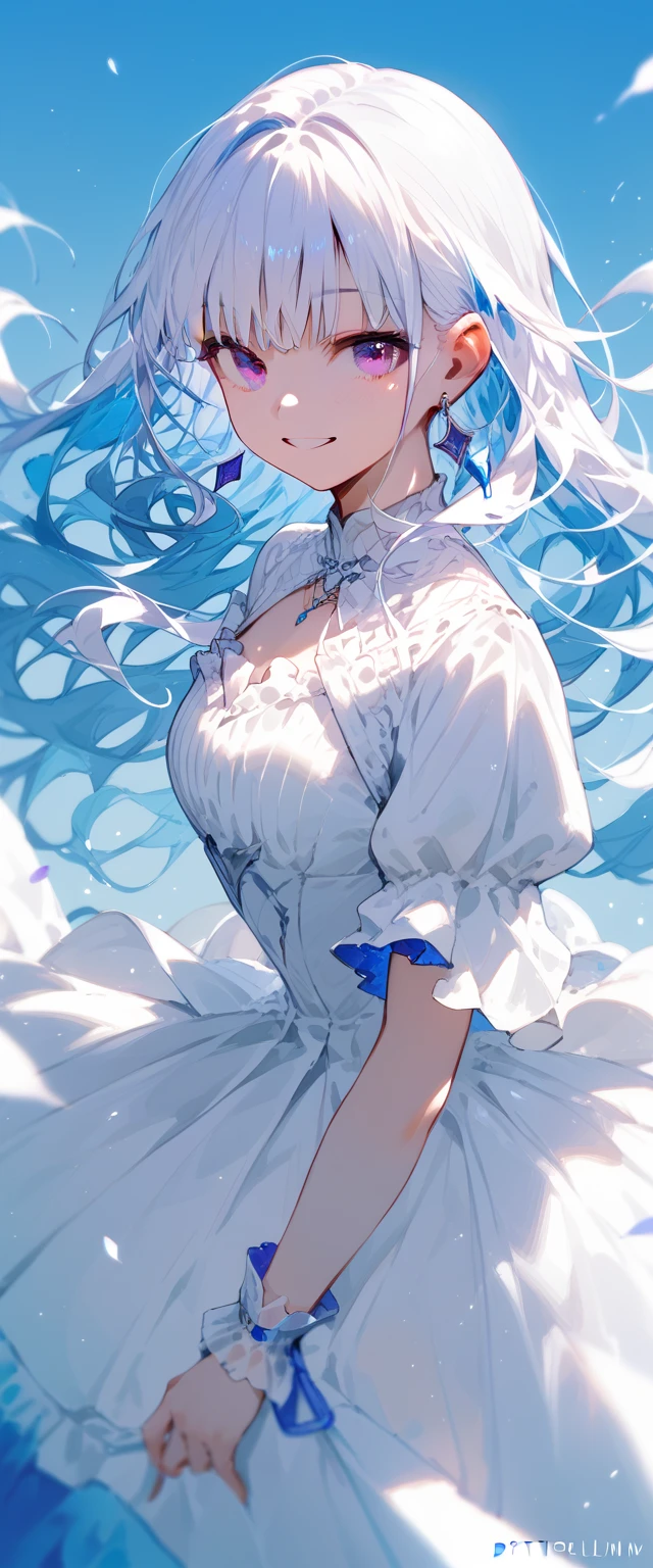 White hair, blue inner hair, purple eyes, looking at viewer, smiling, white dress