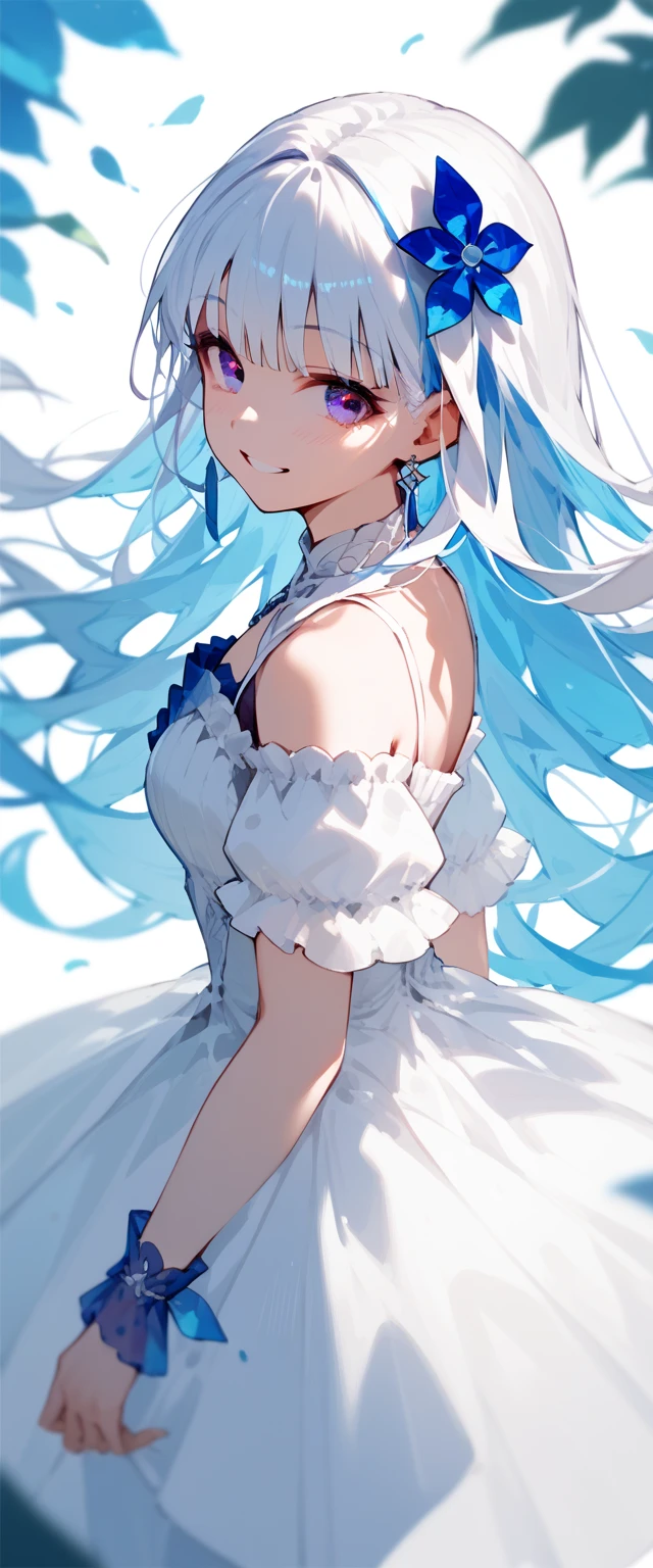 White hair, blue inner hair, purple eyes, looking at viewer, smiling, white dress, hair ornament 