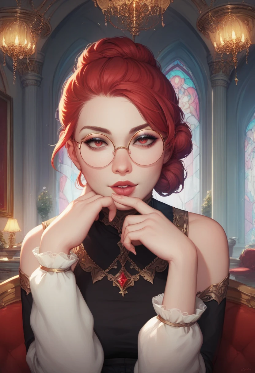 (huge Laughing:0.5), (open mouth:0.4), (wide open eyes:1.2) masterpiece,high quality,4k , goth emo punk scene witch, dramatic makeup of an evil queen, thin round glasses, freckles, absolute babe, long unkempt wavy messy voluminous red hair flowing down her body, one large messy braid, bare shoulder,, many Viking Tattoos on body and arms , slim;, beautiful shoulders and collarbone, jaw structure of someone who works out, wearing wide neck off-shoulder wool knit sweater-dress with bare shoulders, green eyes, in a fancy ballroom of a fantasy castle, fantasy setting, busy ballroom party in a fantasy story, other party goers dancing and partying, night time on a snowy day, golden hour, ((extremely detailed face, mature intelligent gorgeous face)), stockings, wide hips , expression of absolute love and adoration, a lot of jewelry, pretty eye makeup, gorgeous lips , a Viking princess, regal personality, oil painting style, big beautiful eyes looking intelligent looking at camera,