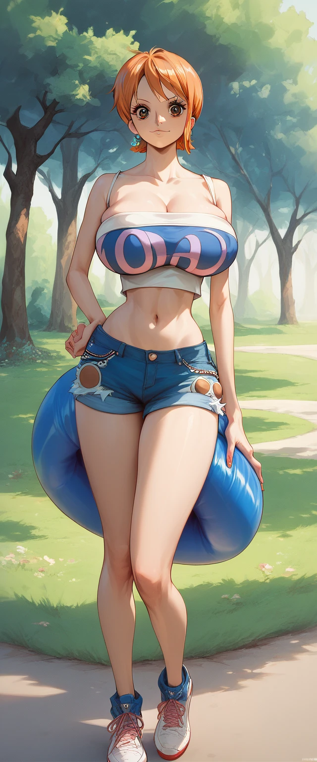 Nami one piece,light brown short hair, detail brown eyes, innocent face, round eyes, huge breast, thick thigh, hourglass figure, erotic tube top, erotic ultra mini denim hotpants,  sneakers, stocking, stylish, park, clear view,navel