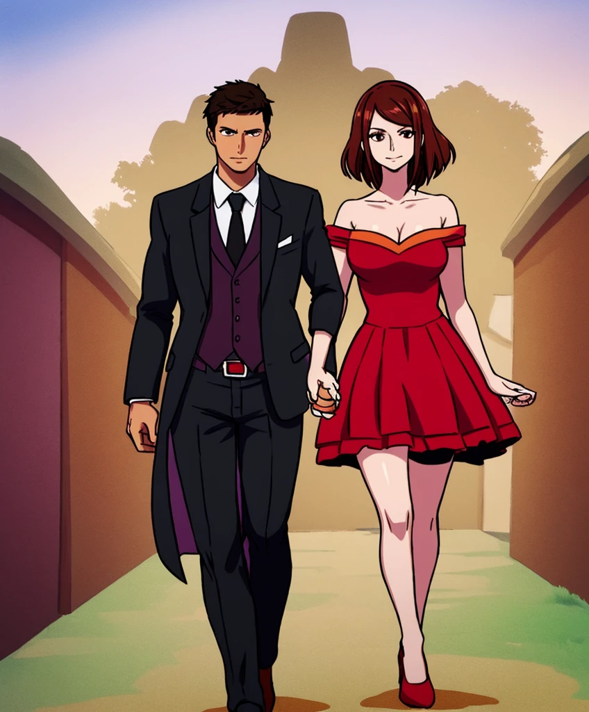 1 male (Venka) and 1 female (Yvonne), holding hands, Yvonne with long flowing brown hair, wearing a red dress, black heels, confident expression, looking lovingly at Venka, Venka with short dark hair, textured crop haircut, wearing a sharp black tailored suit, dark tie, dapper look, warm expression, walking toward Amara, soft romantic lighting, gentle, affectionate atmosphere, background showing a distant silhouette of Amara, soft light highlighting their connection, elegant and stylish vibe, dynamic pose, full-body shot, realistic anatomy, high quality, natural skin tones, no distortion, no blurriness, detailed clothing, vibrant colors, well-drawn faces, expressive eyes, intimate and romantic scene, Infatuation, holding hands