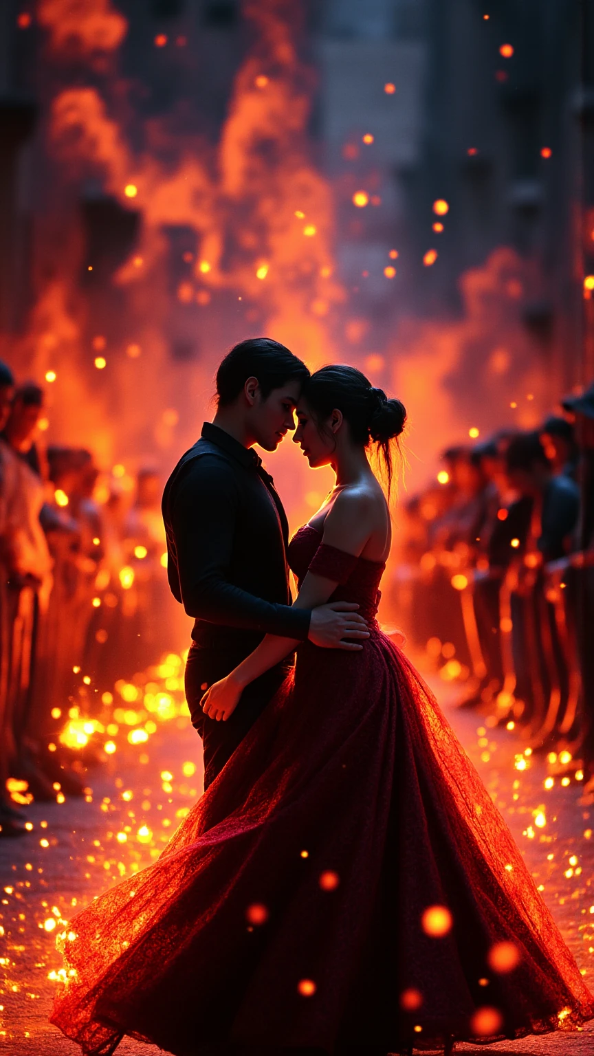 *(best quality, 4k, 8k, high-res, masterpiece:1.2)*,dress made of real fire, ultra-detailed, *(realistic, photorealistic:1.37)*, immerse yourself in a fantastical realm where **Spanish Gypsy flamenco dancers** ignite the stage with their **fire dance**. Witness a man and woman intertwined in an **intense flamenco embrace**, their **expressive movements** radiating **passion** and **grace**. Vibrant colors swirl around them as they create a **sensual** and **powerful** atmosphere, enhanced by **smoke** that dances along with the music. The **flawless choreography** showcases **mesmerizing** and **energetic** rhythms, their **elaborate costumes** shimmering in the **dramatic lighting**. Each step reveals **intricate footwork** and **fiery passion**, as sparks fly from their connection, captivating the audience. Experience the **emotional chemistry** of their **perfect synchronization** amid a backdrop of **magical realism**, where every movement tells a story of **romance** and **intensity**.
