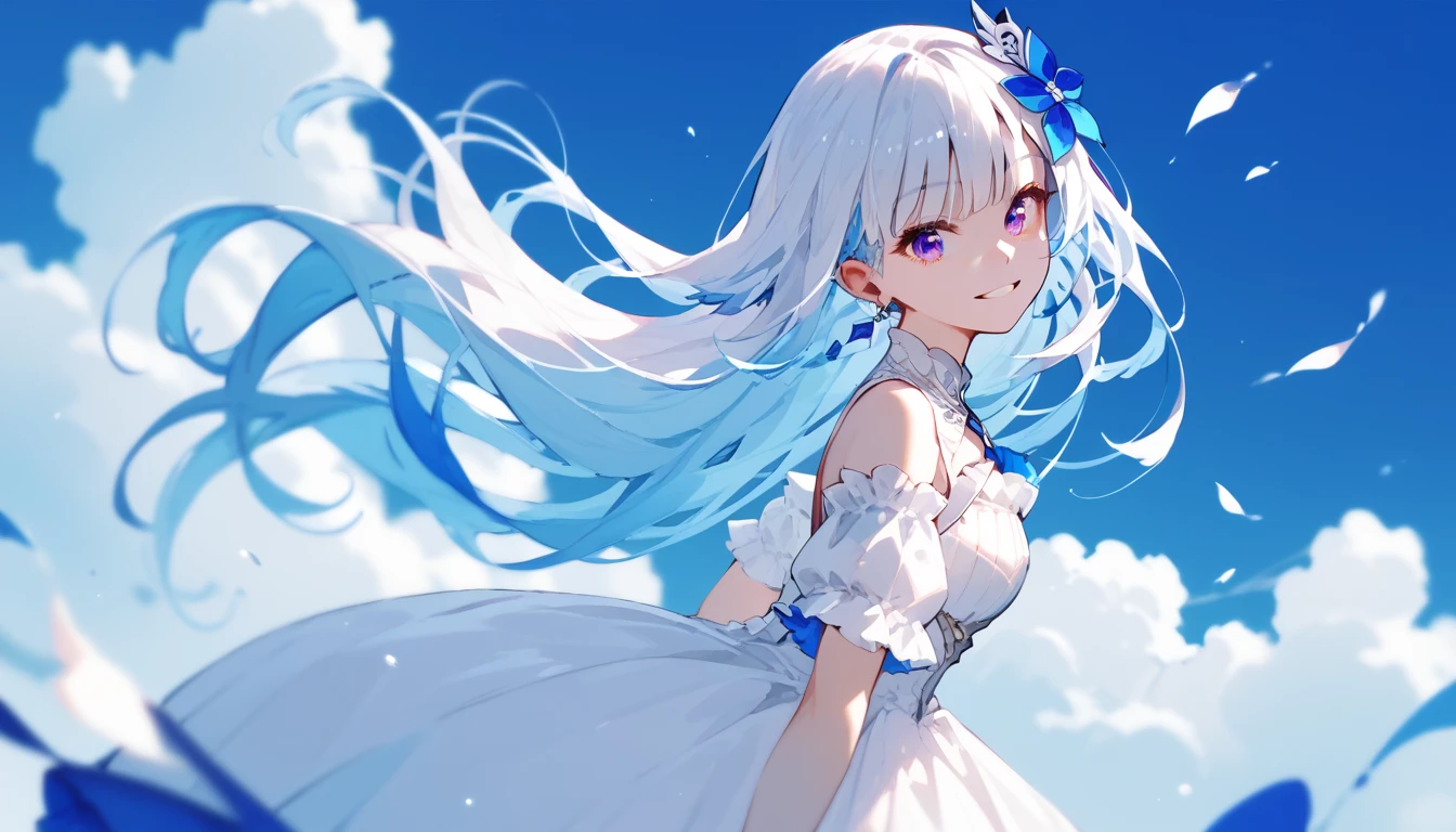 White hair, blue inner hair, purple eyes, looking at viewer, smiling, white dress, hair ornament 