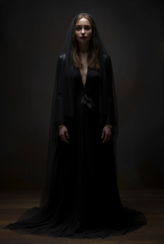 Emilia Clarke,black funeral veil that cover her face,black funeral dress,potrait,in a dark room