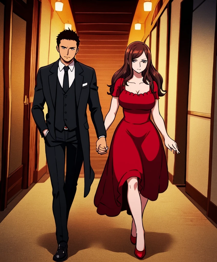 1 male (Venka) and 1 female (Yvonne), holding hands, Yvonne with long flowing brown hair, wearing a red dress, black heels, confident expression, looking lovingly at Venka, Venka with short dark hair, textured crop haircut, wearing a sharp black tailored suit, dark tie, dapper look, warm expression, walking toward Amara, soft romantic lighting, gentle, affectionate atmosphere, background showing a distant silhouette of Amara, soft light highlighting their connection, elegant and stylish vibe, dynamic pose, full-body shot, realistic anatomy, high quality, natural skin tones, no distortion, no blurriness, detailed clothing, vibrant colors, well-drawn faces, expressive eyes, intimate and romantic scene, Infatuation, holding hands