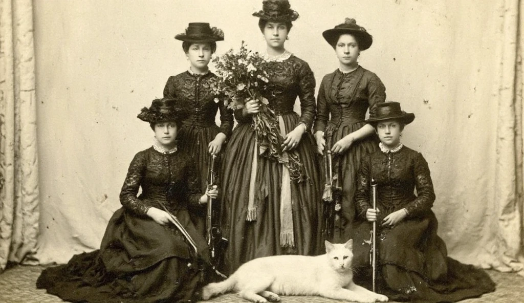 ((masterpiece)) ((vintage photography)) ((sepia tones)) A very old photograph with visible damage, including film burns, scratches, and cracks. The image features four young women dressed in Victorian-era clothing, standing close together. Each woman is holding a firearm, posing confidently with a magnificent, fluffy white cat at their feet. The woman in the center holds a bouquet of flowers. 

The woman on the left wears a beige dress with a large hat adorned with pink roses, while the woman next to her has blonde hair styled in a bun with a feathered headdress. The two remaining women wear long lace dresses paired with hats decorated with large flowers. The background is a textured white curtain, adding an ethereal, dreamlike quality. The atmosphere is elegant and sophisticated, capturing the unique charm of the Victorian "Pétroleuses" gang.