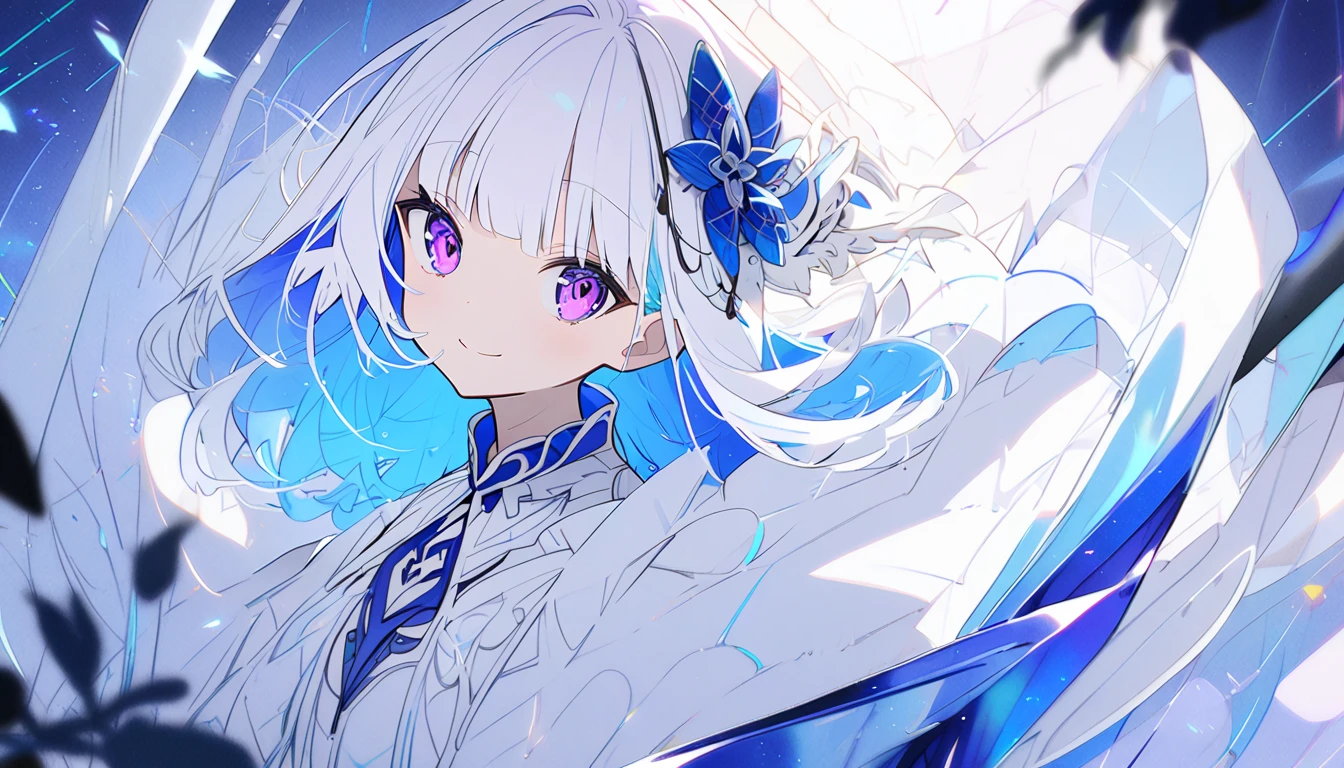 White hair, blue inner hair, purple eyes, looking at viewer, smiling, white dress, hair ornament 