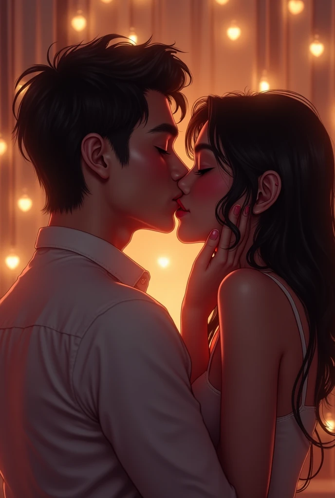 Boy and woman, beautiful woman, kissing each other with passion, in a bedroom, bright room, candles lit, night time,