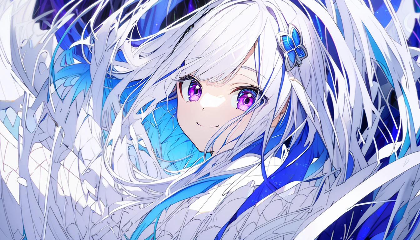 White hair, blue inner hair, purple eyes, looking at viewer, smiling, white dress, hair ornament 