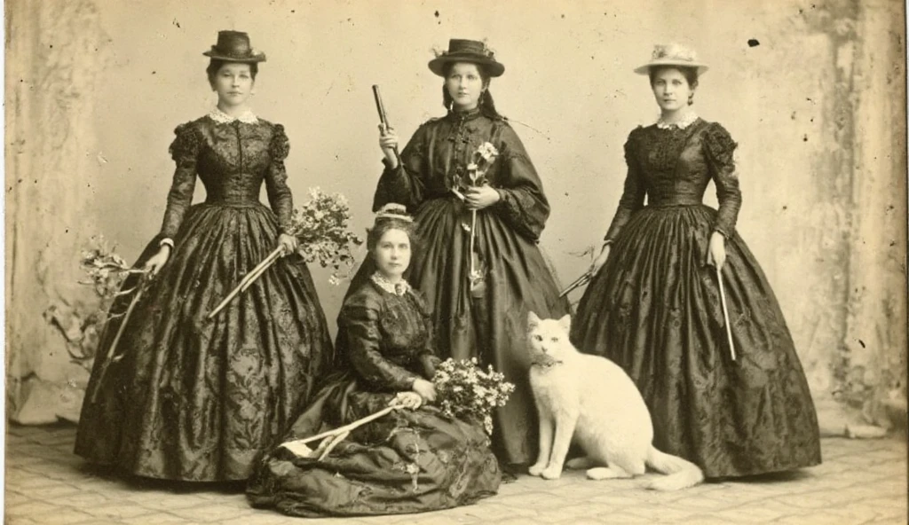 ((masterpiece)) ((vintage photography)) ((sepia tones)) A very old photograph with visible damage, including film burns, scratches, and cracks. The image features four young women dressed in Victorian-era clothing, standing close together. Each woman is holding a firearm, posing confidently with a magnificent, fluffy white cat at their feet. The woman in the center holds a bouquet of flowers. 

The woman on the left wears a beige dress with a large hat adorned with pink roses, while the woman next to her has blonde hair styled in a bun with a feathered headdress. The two remaining women wear long lace dresses paired with hats decorated with large flowers. The background is a textured white curtain, adding an ethereal, dreamlike quality. The atmosphere is elegant and sophisticated, capturing the unique charm of the Victorian "Pétroleuses" gang.