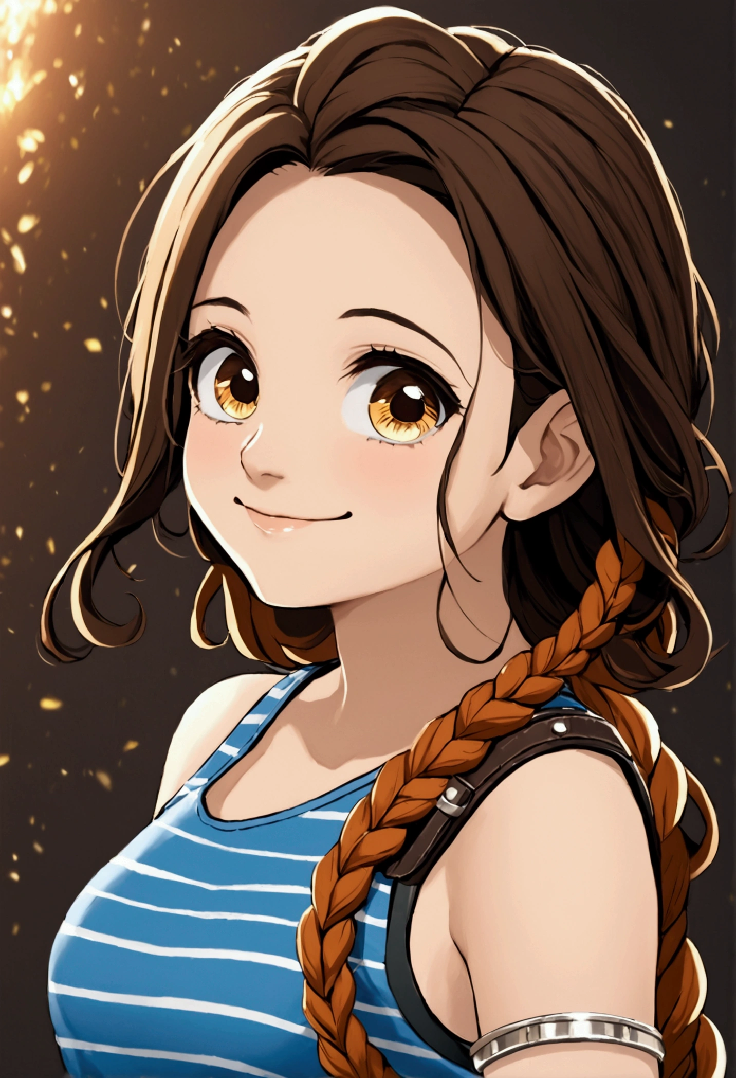 absurdres, wilykit, brown hair, black stripe hair, upper body, blue tank top, multicolored skirt, one shoulder out, eye of thundera, utility belt, silver armlet, detailed eyes, playful smile