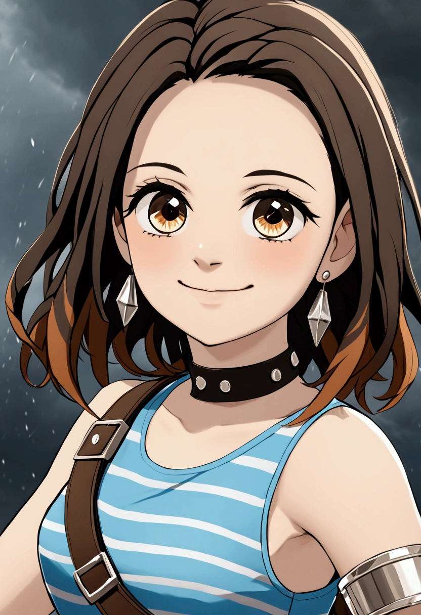 absurdres, wilykit, brown hair, black stripe hair, upper body, blue tank top, multicolored skirt, one shoulder out, eye of thundera, utility belt, silver armlet, detailed eyes, playful smile