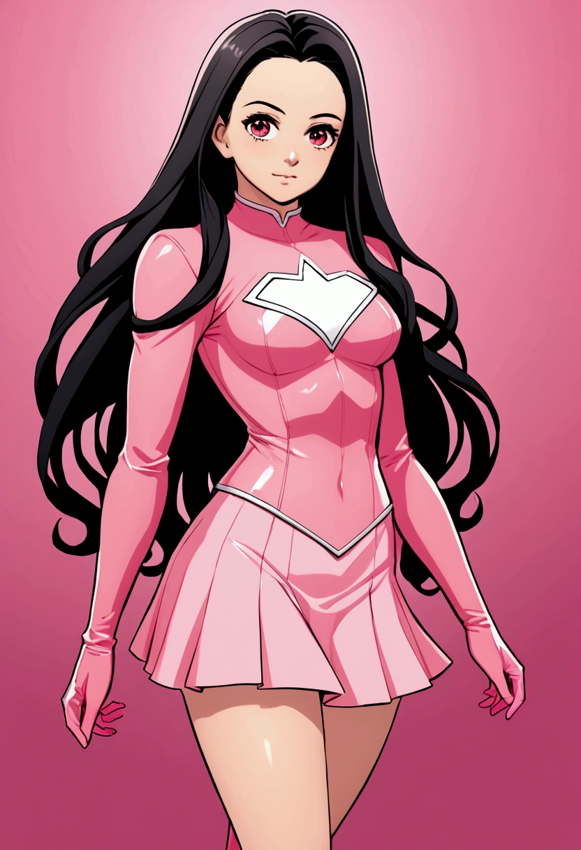 A black straight-haired super hero in a pink suit consisting of a mini skirt and a tight heart-shaped top that accentuates her figure with knee-length pink heeled boots and a pink mask. Her physical appearance is thin with a small waist, medium bust and attractive legs