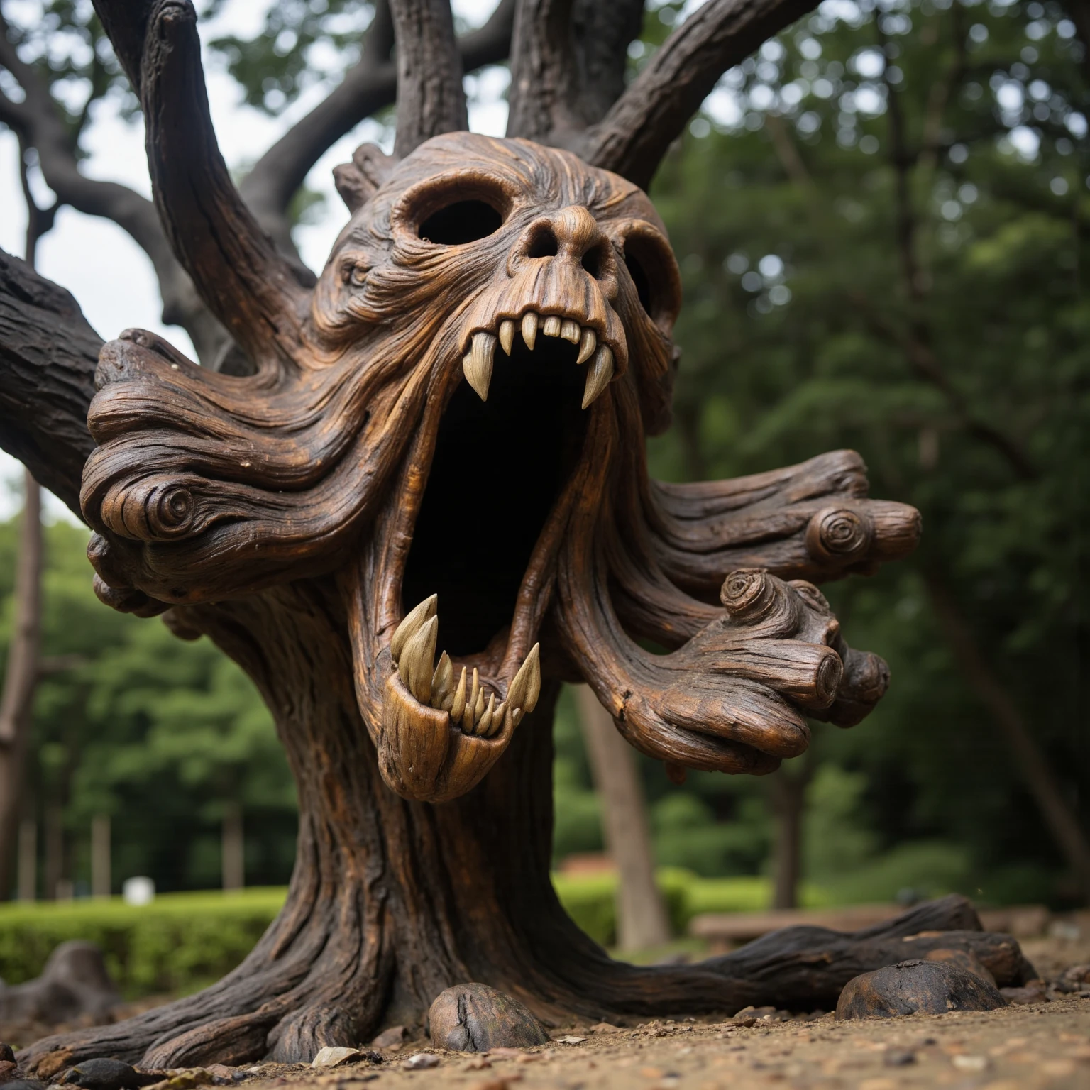 Glowing wood tree with a face. Take an ancient tree that has many cut or broken lower branches then carve a huge skull or monsterous face with the proteuding branch stumps and the knot holes. Then grow glowing wood bark back over it so it looks natural. photorealistic, cinematic portrait, cinematic photography, cinematic photography. Portrait photography, ultradetailed, UHDR hyper realistic.