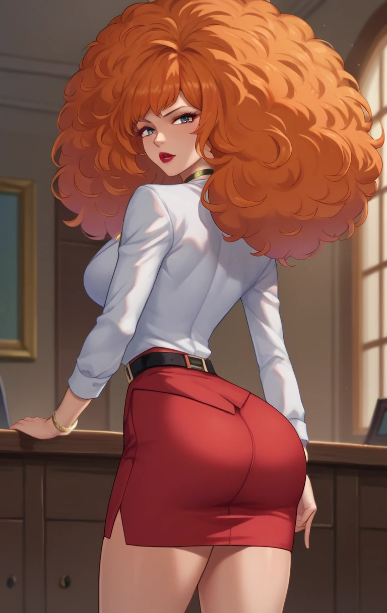 score_9,score_8_up,score_7_up BREAK source_cartoon,BellumSDXL,1girl,long hair,skirt,cleavage,jewelry,thighs,choker,belt,miniskirt,necklace,orange hair,lips,red skirt,formal,suit,pencil skirt,lipstick,red lips,hair over eyes,afro,big hair,cowboy shot,room,room background,from behind,looking back,ass focus,